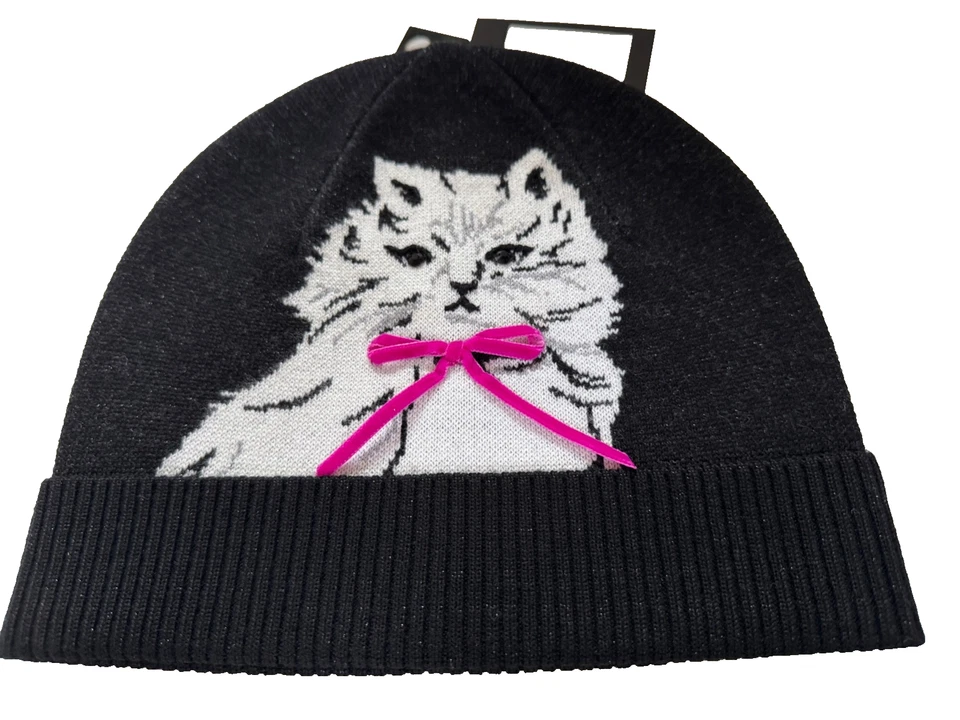 KATE SPADE GORRO BONITO GATITO NEGRO 91 % LANA NUEVO CON ETIQUETAS $88 GORRA SOMBRERO Foto 3 de 4