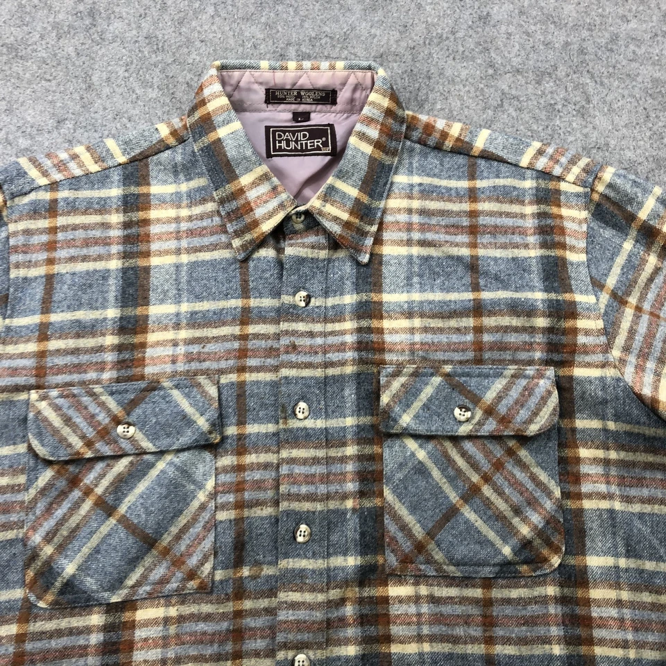 Vintage David Hunter Shirt Mens Large Blue Brown Plaid Wool Button Up Korea 90s - Image 2 of 4
