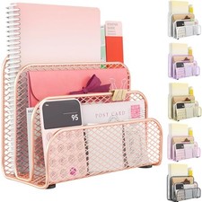 Mail Organizer Countertop, Metal File Holder with 3-Slot Desk Rose Gold