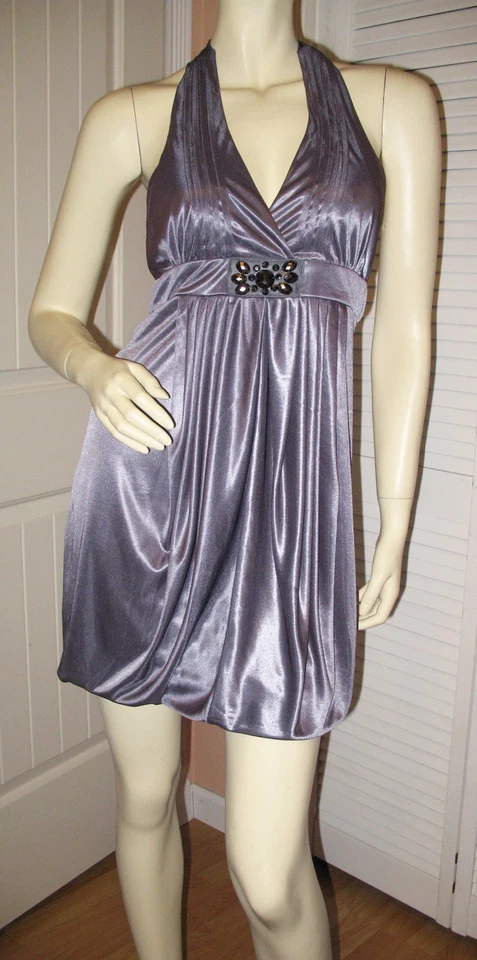 Vintage Y2K Womens Bubble Halter Dress Open Back Satin Metallic Silver Clubwear - Image 3 of 4