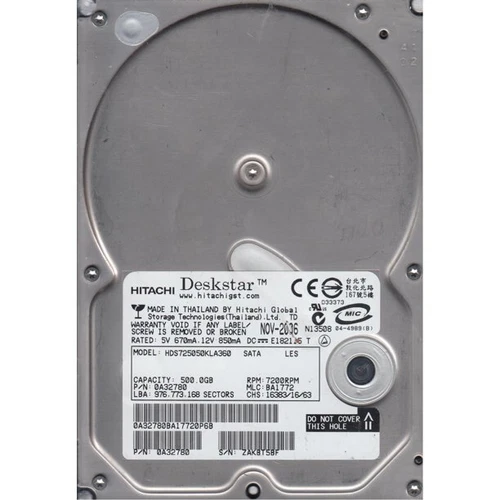 0A32780 Hitachi Deskstar 500 GB 7200 RPM 3.5" HARD DRIVE HDS725050KLA360