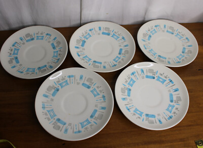 Vintage MCM Atomic Blue Heaven Royal China Coffee Saucers 6.5  Retro Lot of 5