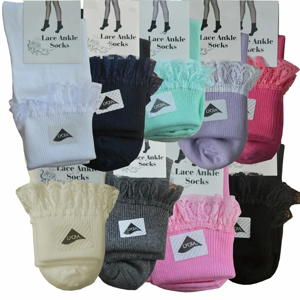 MN HOSIERY LTD Girls Frilly Ankle Lace Socks Cute Crew Length Girls School Fashion Cotton
