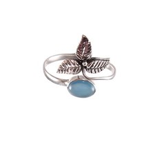 925 Sterling Silver Blue Chalcedony Ring Oval Shape Leaf Design Jewelry For Her