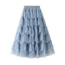 Lady A-line Layered Ruffle Tulle Skirt Elastic Waist Tutu Mesh Tiered Midi Skirt