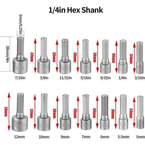 14pc POWER NUT Driver Bit Set Dual 1/4 Quick Change SAE & Metric MM Detent Shank - Picture 10 of 19