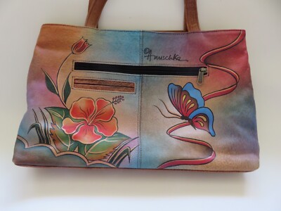 Anuschka Hand Painted Floral Leather Handbag Beautiful Pockets Compartments  Art
