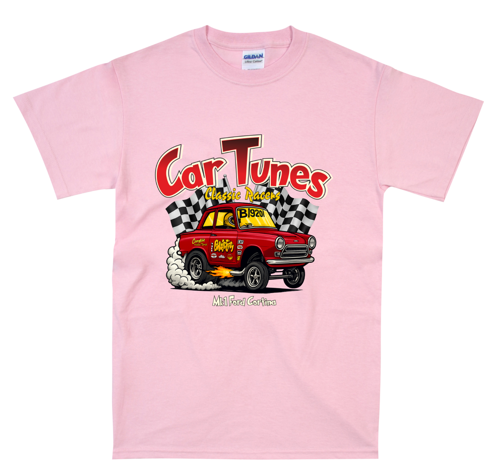 Drive The Classic Ford Lotus Cortina Mk1 Late Model. T-shirt in White Colour Drive The Classic Ford Lotus Cortina Mk1 Late Model. T-shirt in White Colour