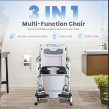 3 in 1 Commode Shower Chair with Wheels Wheelchair Tray Footrest  Rolling Shower