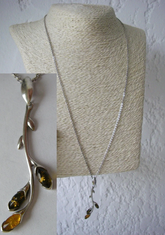 COLLIER 7GR pendentif AMBRE Argent massif 925 branches arbre feuilles N°397