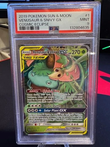 2019 Pokemon Venusaur & Snivy GX Tag Team Cosmic Eclipse 1 PSA 9