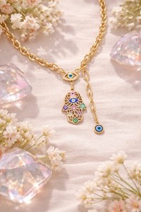 Authentic Hamsa Protection Necklace with Evil Eye Charms – Gold Plated Talisman