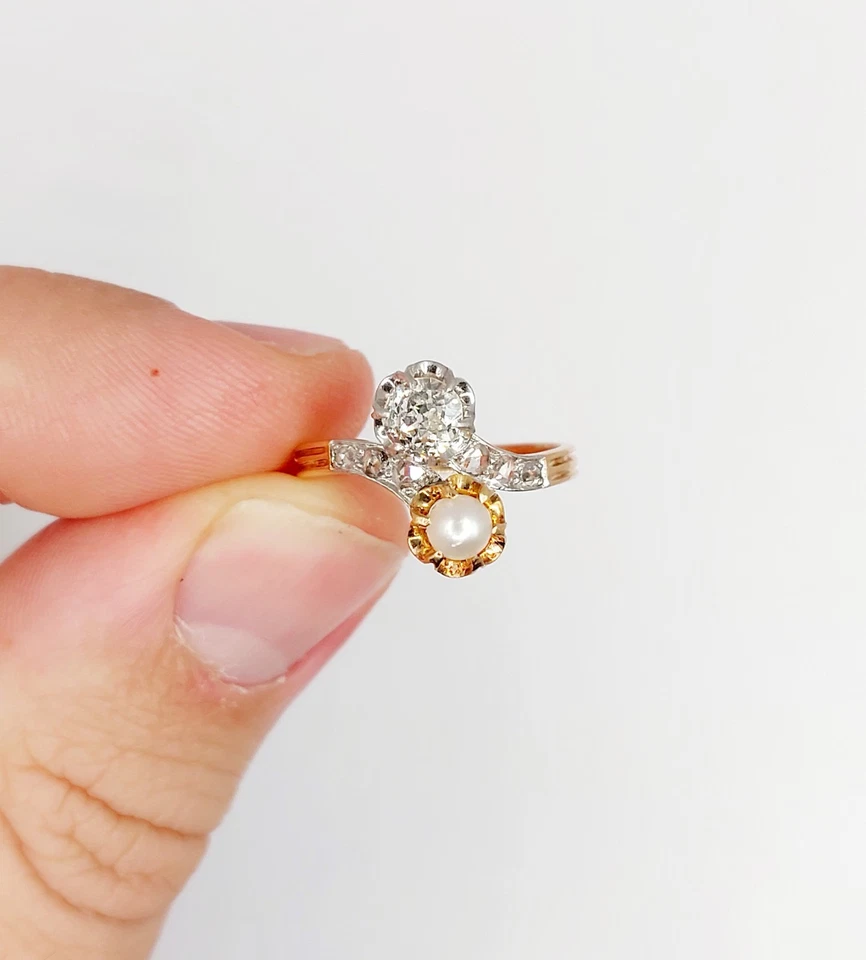 Anillo antiguo de oro rosa 18k diamante talla antigua y perla (alrededor de 1... - Imagen 4 de 4