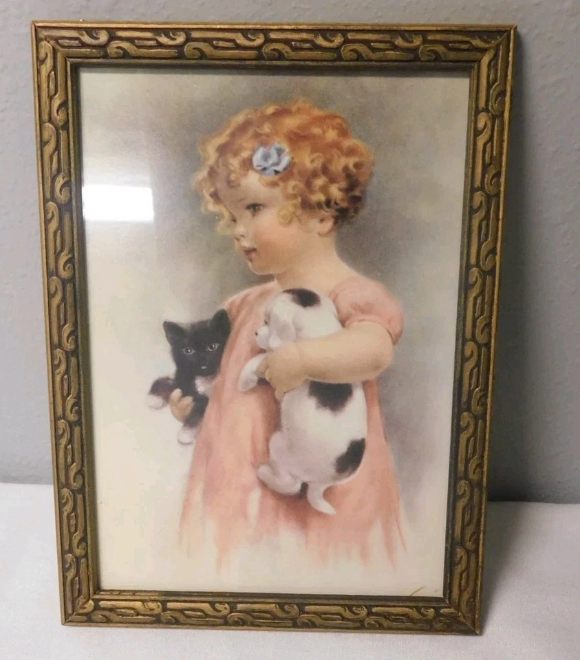 Niña Bessie Pease Gutmann vintage enmarcada "Enemigos amistosos" con gatito y cachorro 8x6 Foto 2 de 4