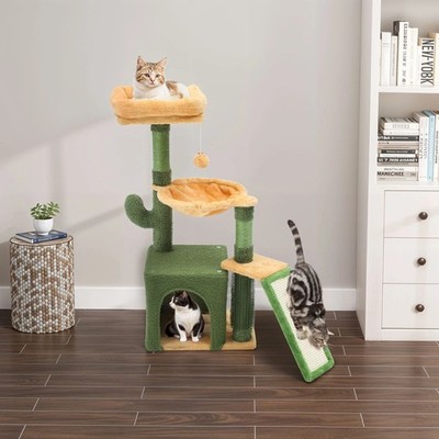 Green&Yellow 37'' Cactus Cat Tree with Sisal Posts, Condo&Hammock for Indoor Cats