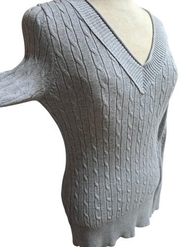 Ann Taylor Damen grau Pullover Zopfmuster V-Ausschnitt Petite Large PL adrett klassisch - Bild 6 von 7