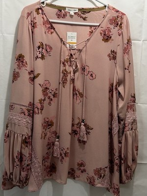 NWT Skylar + Jade Womens 3x Floral Pink Peasant Puffy Sleeves Lace On Side