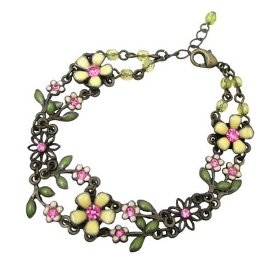 Vintage Avon Nina Ricci  Enamel Flower Rhinestone Bracelet Bronze Tone Chain