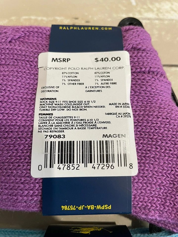 2 Ralph Lauren Polo Pony Damas Bota Calcetines 87% Algodón Cable Tejido Azul y Púrpura Foto 3 de 4