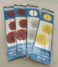 Tissue Pom Poms 12" Hanging Party Decorations 2 Pk - RED WHITE & YELLOW