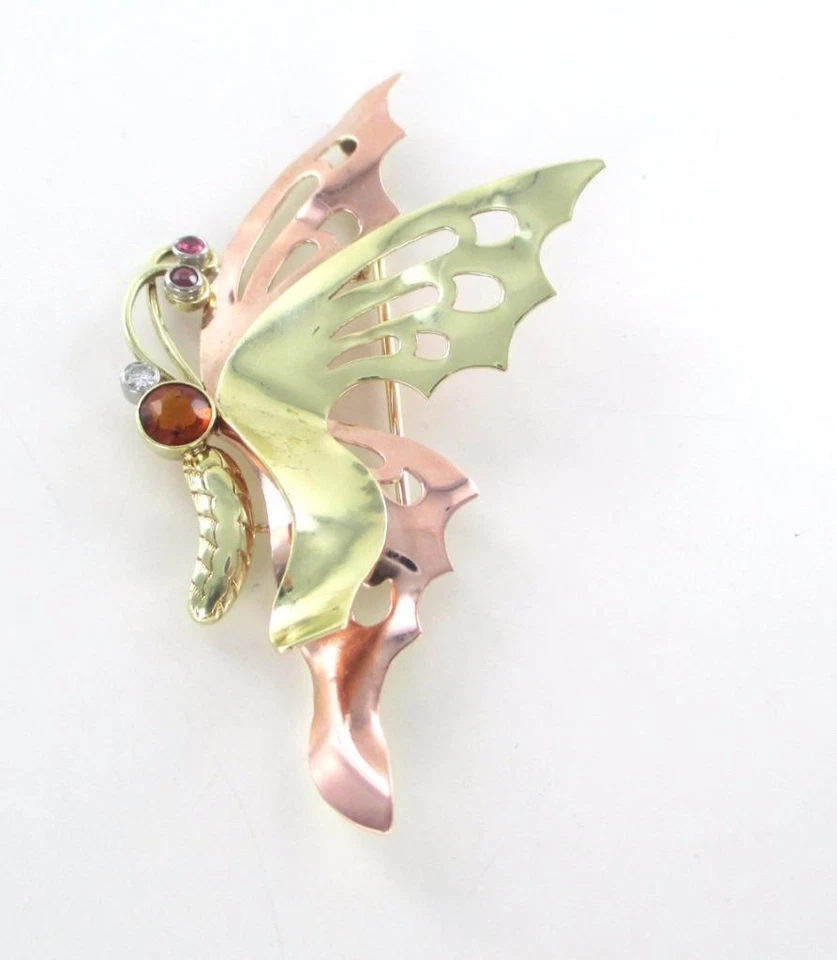 14KT SOLID YELLOW & ROSE GOLD PIN BUTTERFLY 1 GENUINE DIAMOND RUBIES RUBY JEWEL - Image 2 of 2