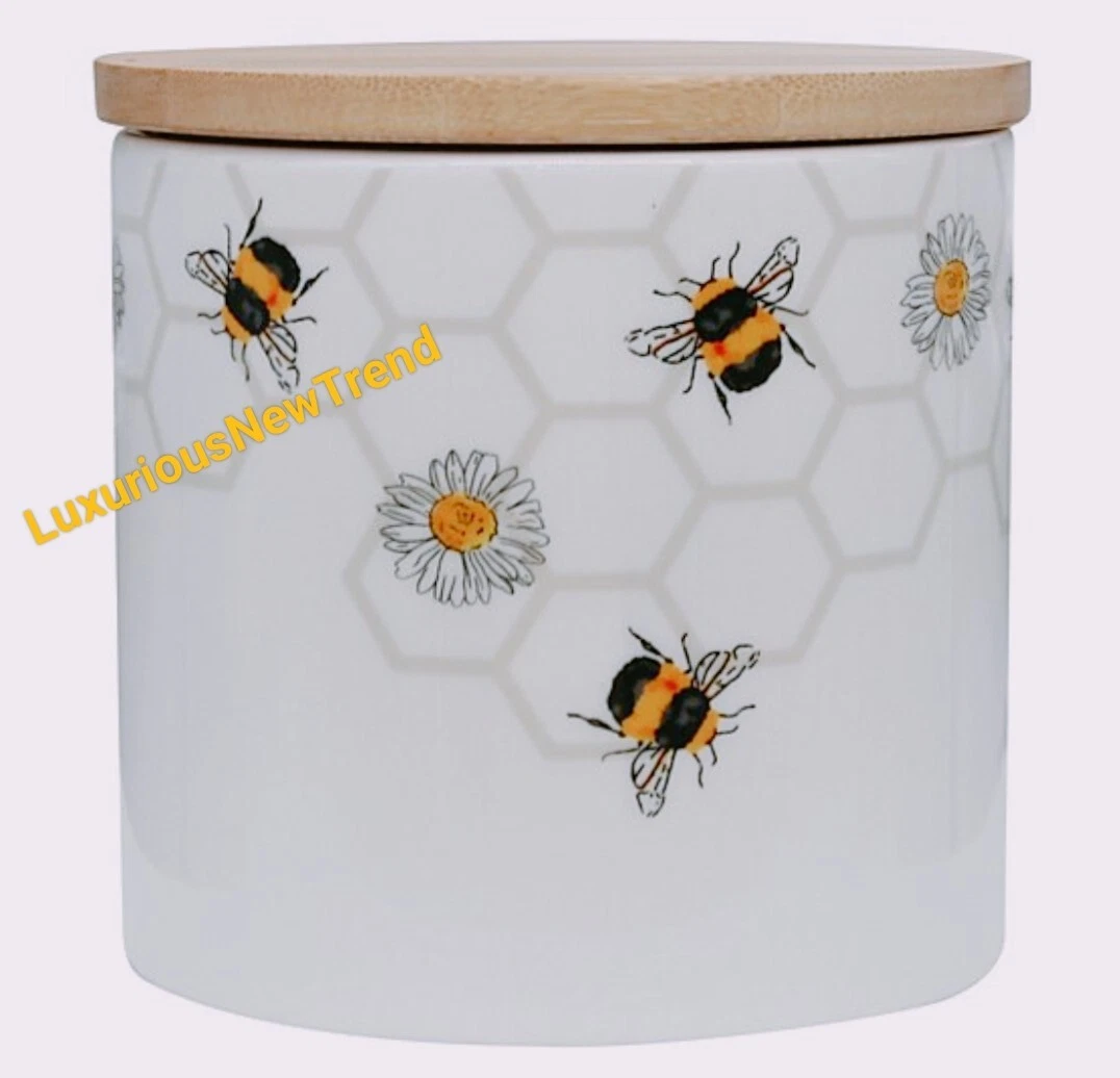 3x Set White Shade Ceramic Tea Coffee Canister Storage Jar Honeycomb Bee Gift UK