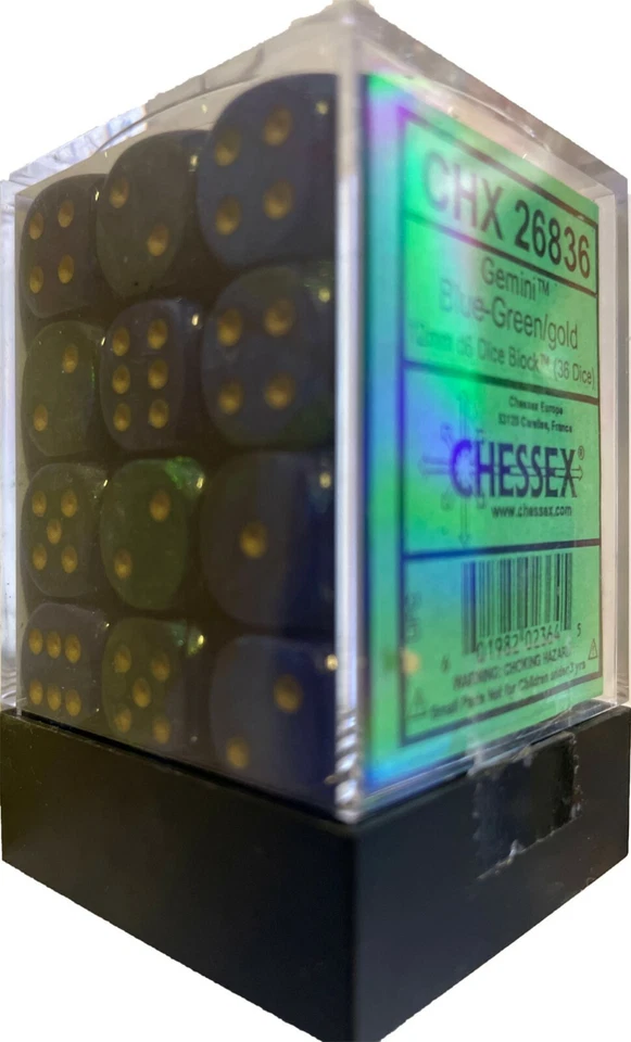 Chessex Würfelblock 12mm D6 mit 36 Würfeln Gemini blau grün - gold 26836