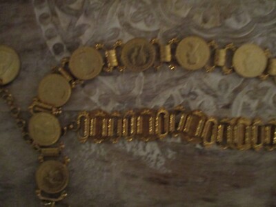 Queen Elizabeth II Gold Coin Belt Gold toned metal lightweight Vintage Gold Toned Queen Elizabeth II Coin Chain Belt  main image 4