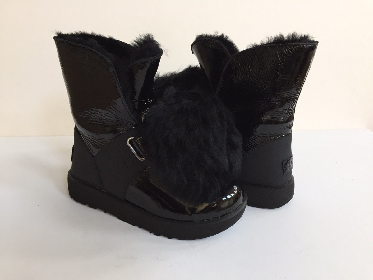 UGG ISLEY PATENT WATERPROOF BLACK LEATHER POM POM Boot US EU 36 UK