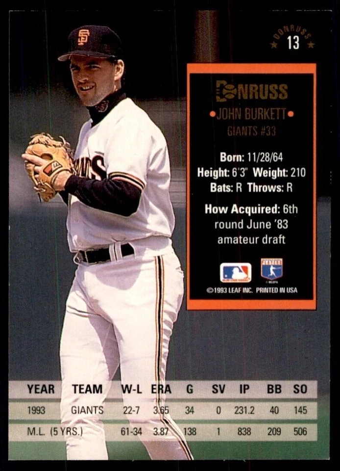 1994 Donruss John Burkett Baseball Cards #13 - Image 2 of 2