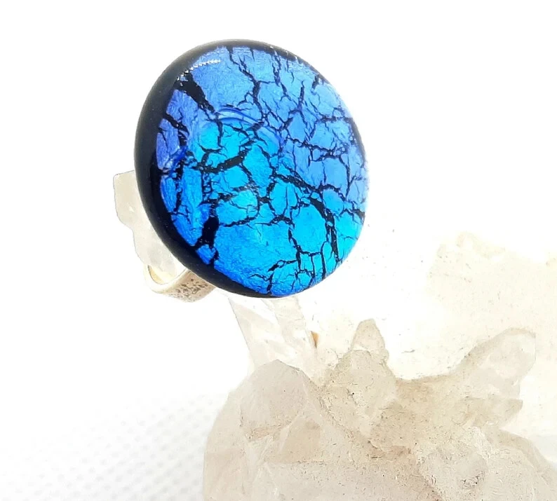 Fingerring  Muranoglas  blau lila  verstellbare Schiene 925 Silber handgefertigt