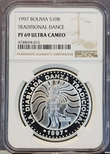1997 BOLIVIA SILVER 10 BOLIVIANOS TRADITIONAL DANCE NGC PF 69 ULTRA CAMEO SCARCE