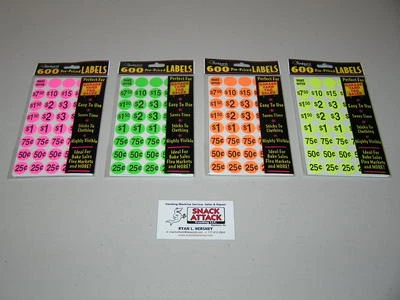 SNACK ATTACK YARD SALE or GARAGE SALE MULTI - FAMILY COLOR CODED PRE - PRICED LABEL KIT