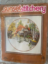 "SUNSET" CREWEL EMBROIDERY KIT 16X16 "FALL MILL POND "