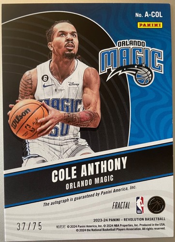 2023-2024 Panini Revolution Cole Anthony Fractal On Card Auto /75!Orlando Magic - Picture 2 of 2