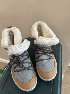 #ad Clarks Cloudsteppers Breeze Glacier Faux Fur Snow Boots Gray Tan White $22.99