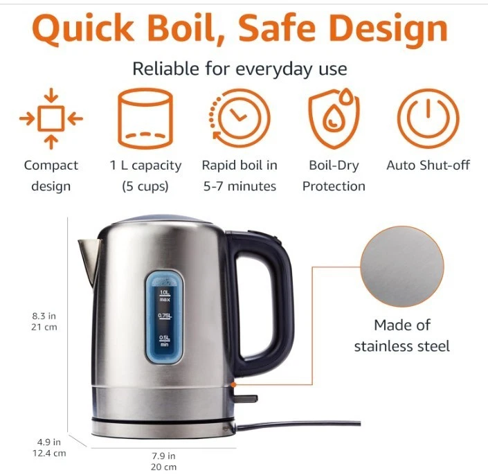 Amazon Basics Electric Stainless Steel Kettle for Tea Coffee - Image 3 of 4