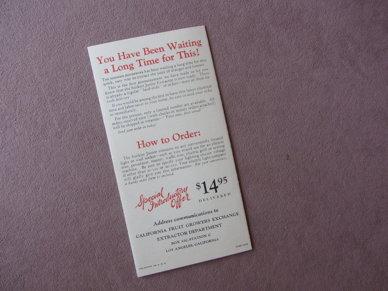 Original Vtg c1929 Sunkist Junior Electric Juice Extractor Advertising Brochure