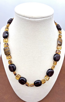 Vintage ELU Amber Glass Bead Necklace Gold Tone Leaf Toggle Clasp