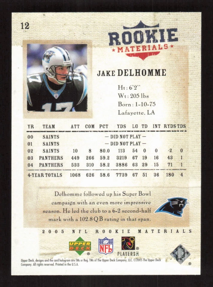 Jake Delhomme 2005 Upper Deck Rookie Materials #12 Carolina Panthers - Image 2 of 2