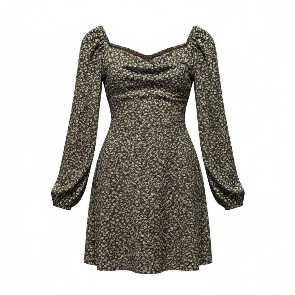 Floral Long-Sleeve Mini Dress With Sweetheart Neckline By Lush Brown & Lilac Siz