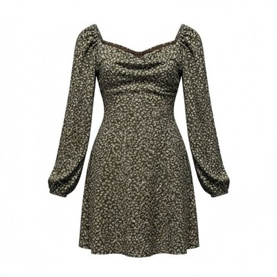 Floral Long-Sleeve Mini Dress With Sweetheart Neckline By Lush Brown & Lilac Siz