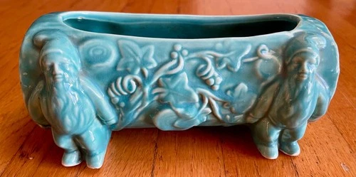Vintage McCoy Or Shawnee Pottery gnome Log Planter In Aqua Blue Glaze Has "USA"