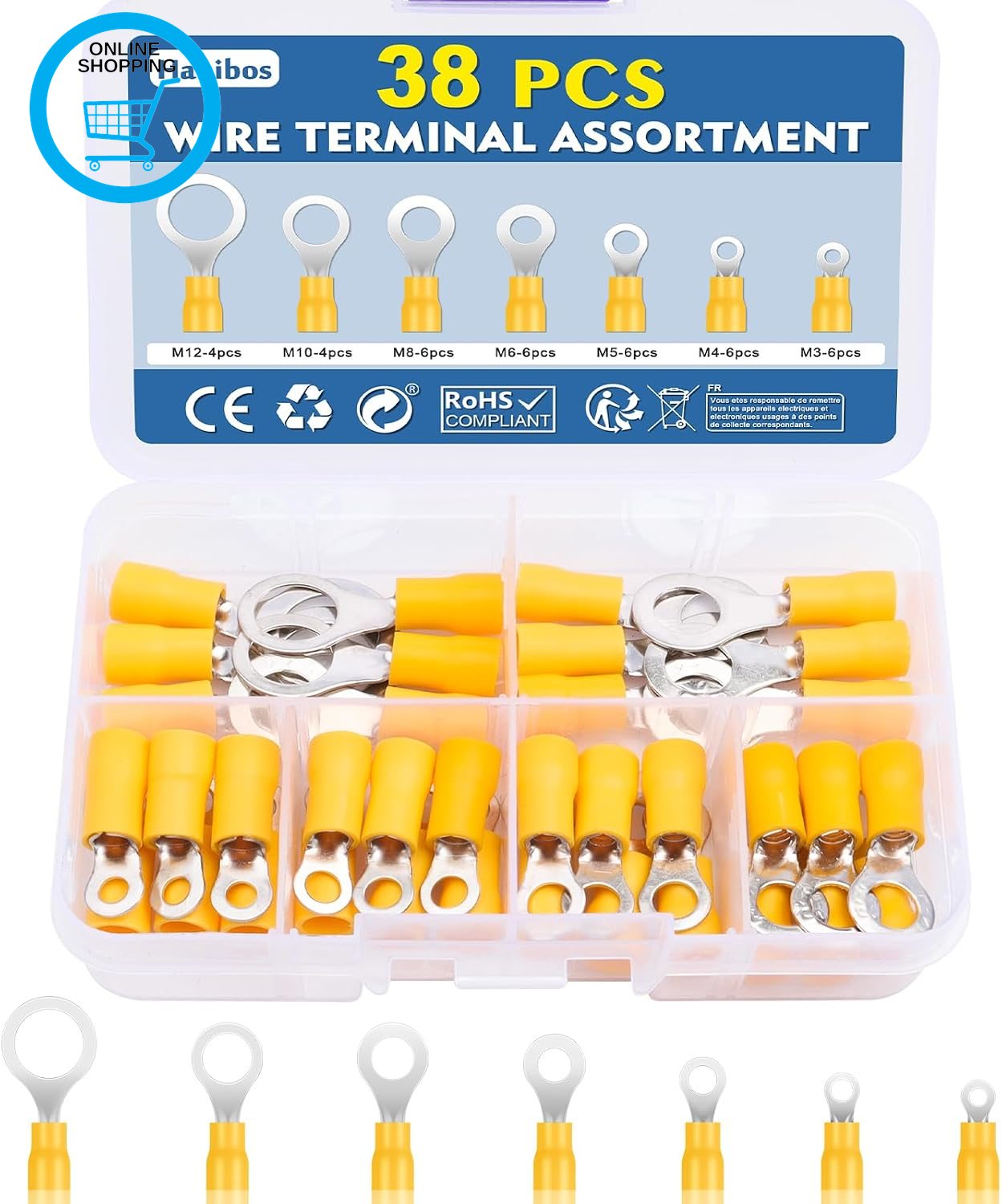 Ring Terminals 4-6Mm² 60Pcs, Yellow Insulated Crimp Terminals | AWG12-10 Electri