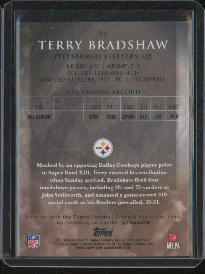 2014 Topps Valor TERRY BRADSHAW #91 Glory Parallel /199 Steelers JA824 - Image 2 of 2