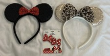 Minnie Mouse Ears Sequin Headband Bow Sparkly Black with Red Bow Hair Clips