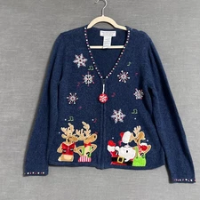Tiara International Christmas Sweater L Cardigan Holiday Party Reindeer Santa