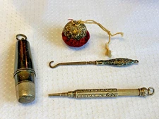 Antique Chatelaine Clip Seamstress Tools Pin Cushion Pencil Thimble Button Hook