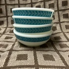 4-Vintage Pyrex Milk Glass Cereal Bowls 705 Turquoise Laurel Leaf Band 5 1/2" D