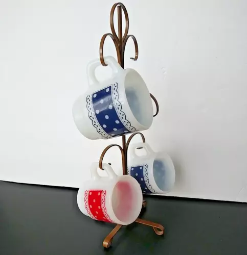 3 Anchor Hocking Fire King Polka Dots Lace Milk Glass Coffee Mugs Stacks  USA
